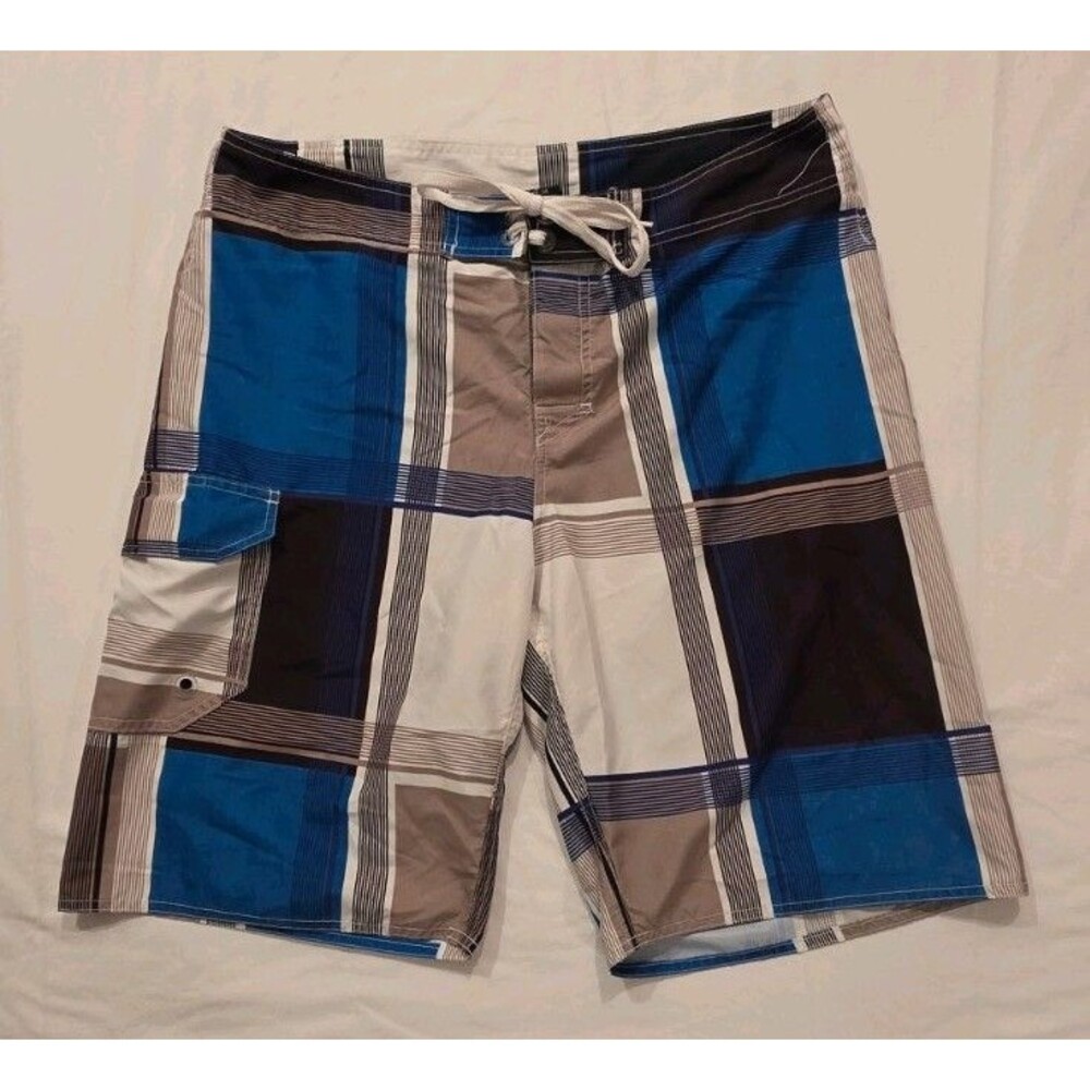 Men's Board Shorts Blue Gear Size 34 Plaid Surf Trunks Geometric Blue